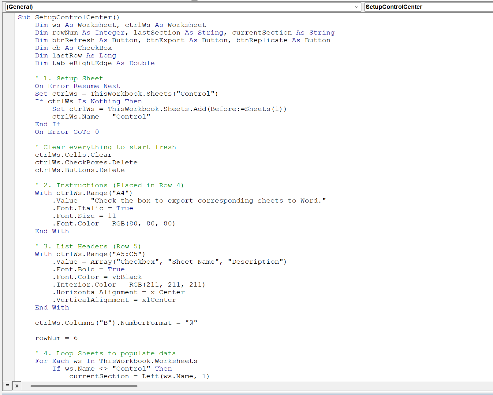 VBA Control Center Script