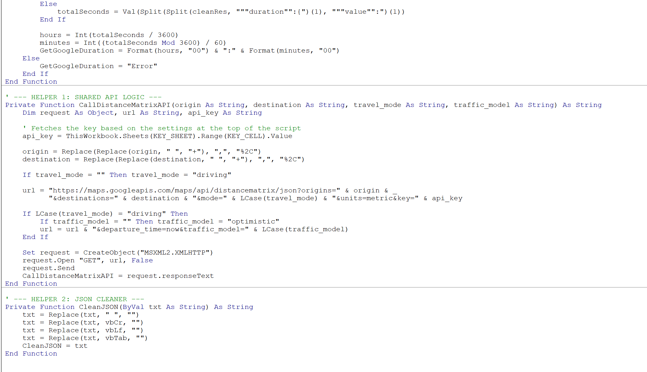 VBA Code for Google Distance API