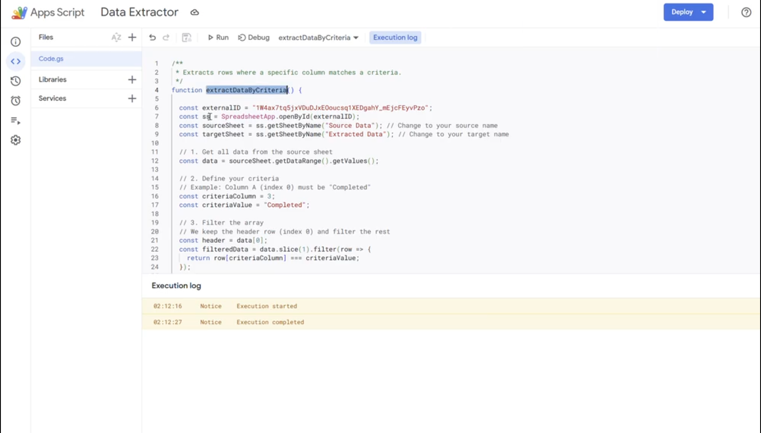 Apps Script code for extraction