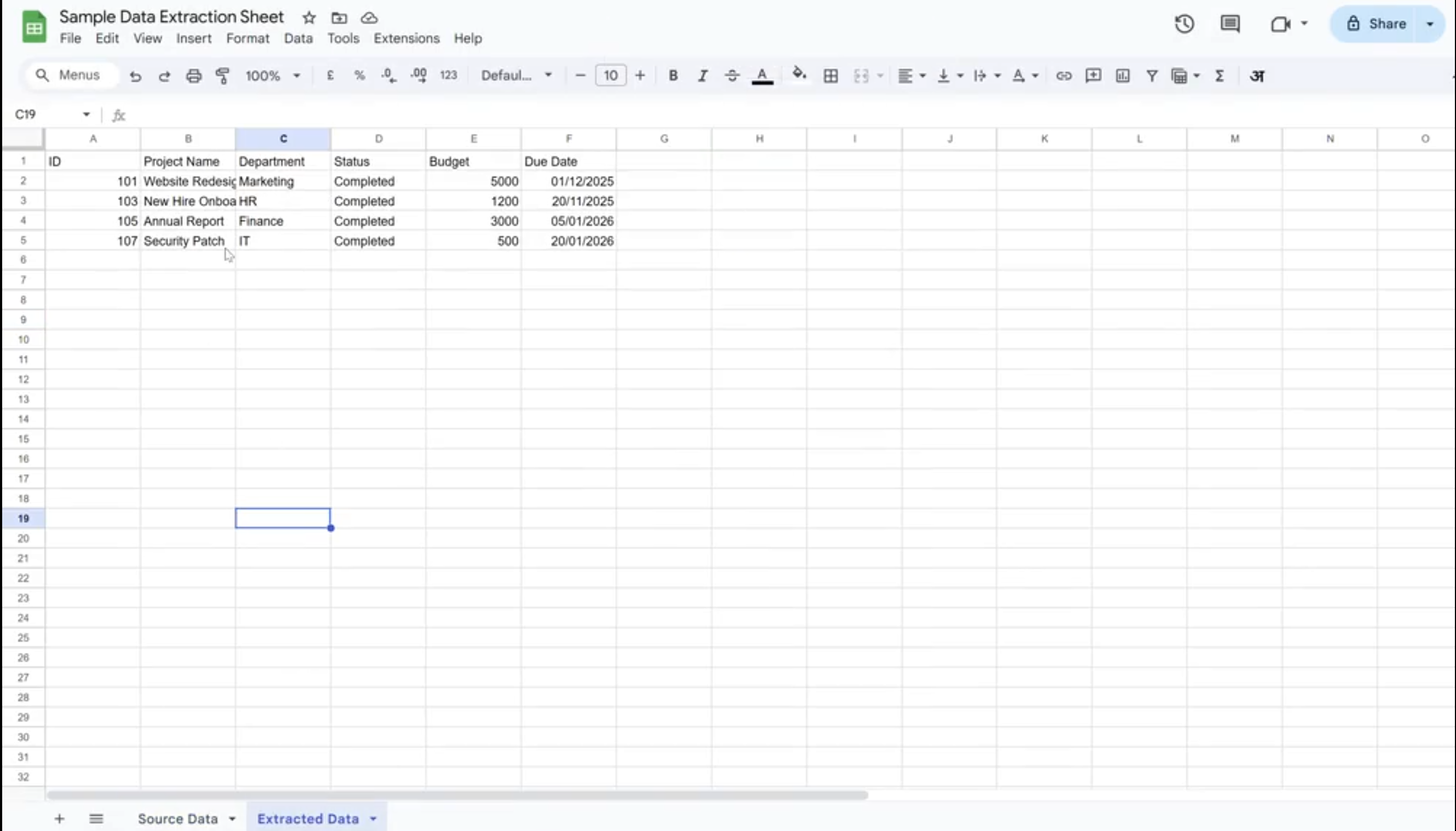 Google Sheets extracted data preview