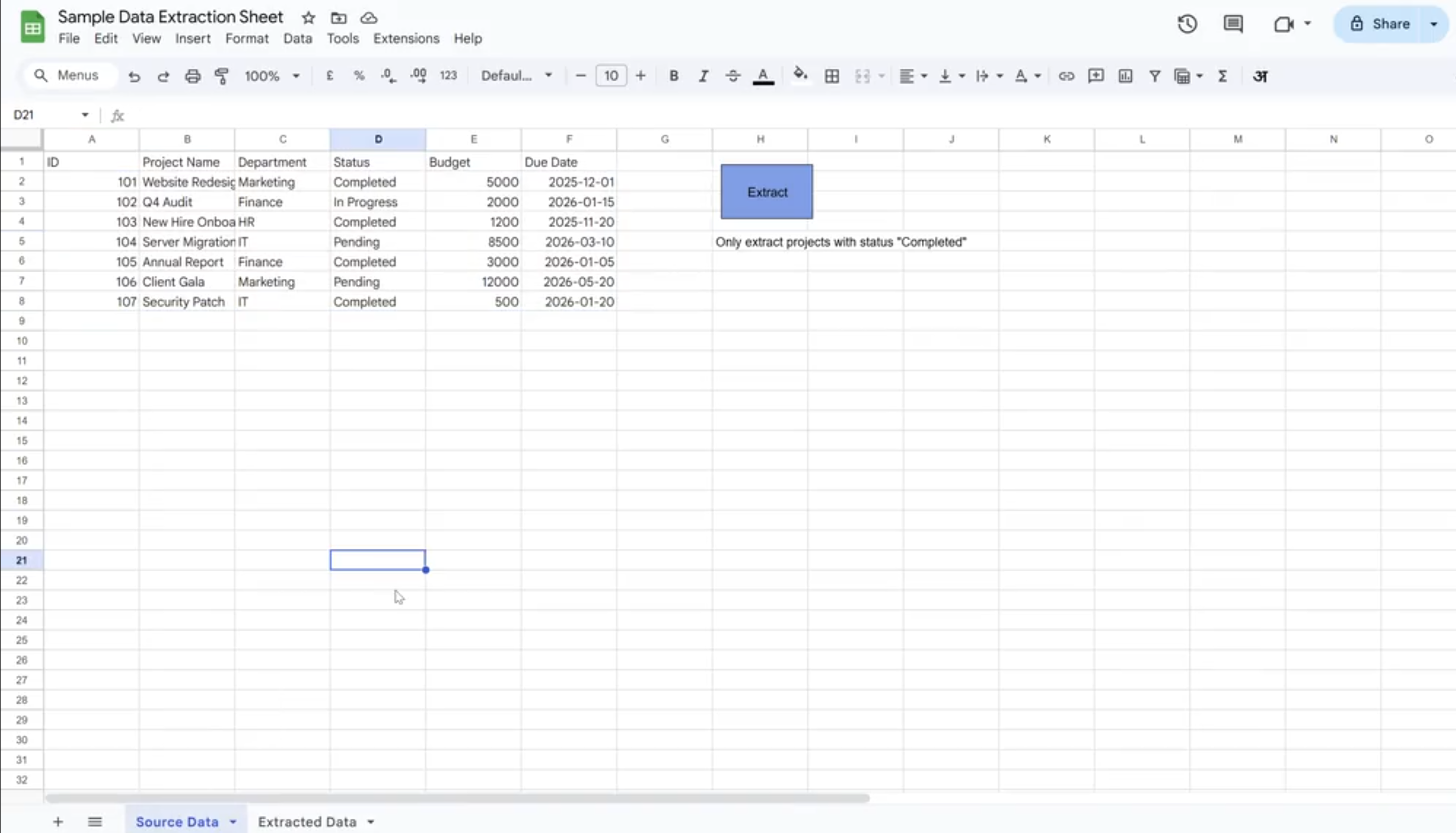 Google Sheets source data preview