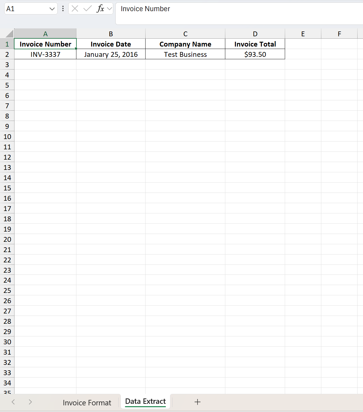 Excel data extraction output