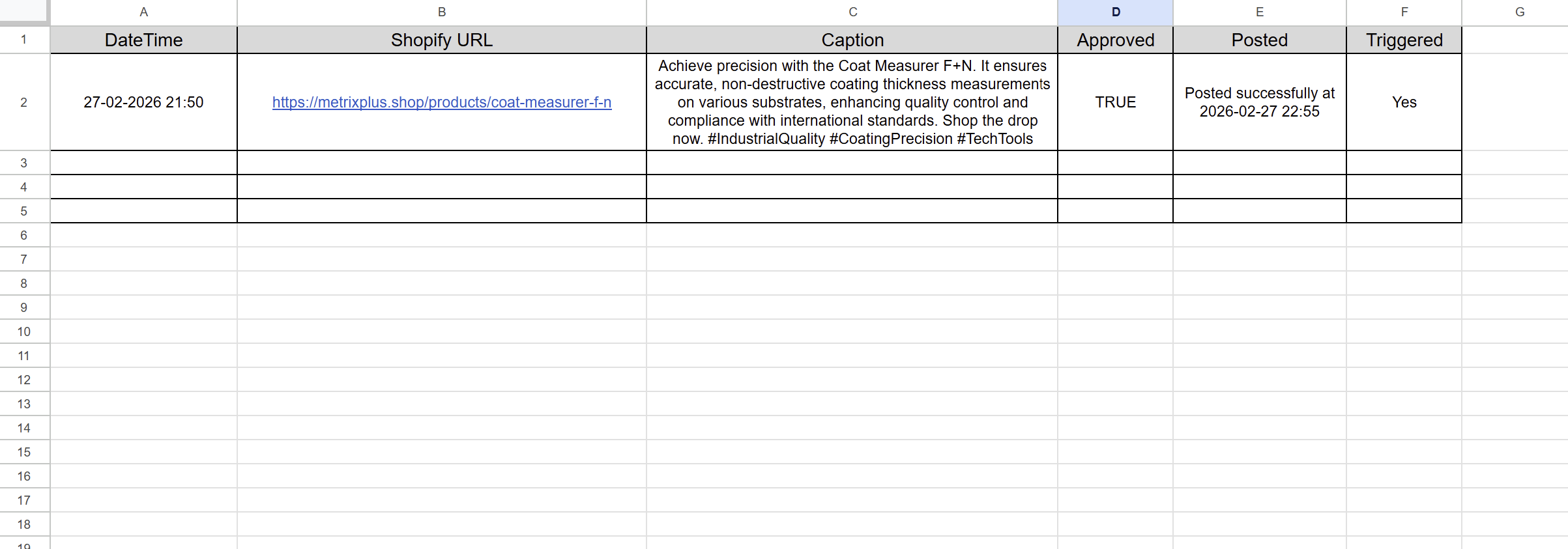 Google Sheets where the URL and date time has to be entered